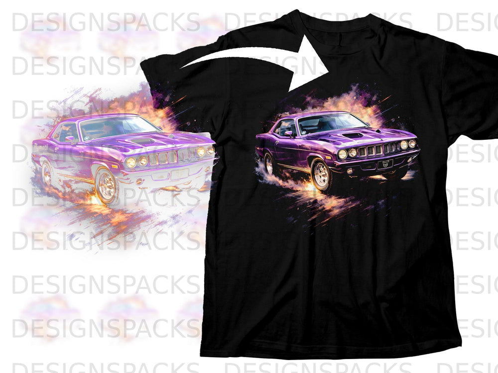 Black t-shirt with a purple classic car graphic, flames, and smoke.