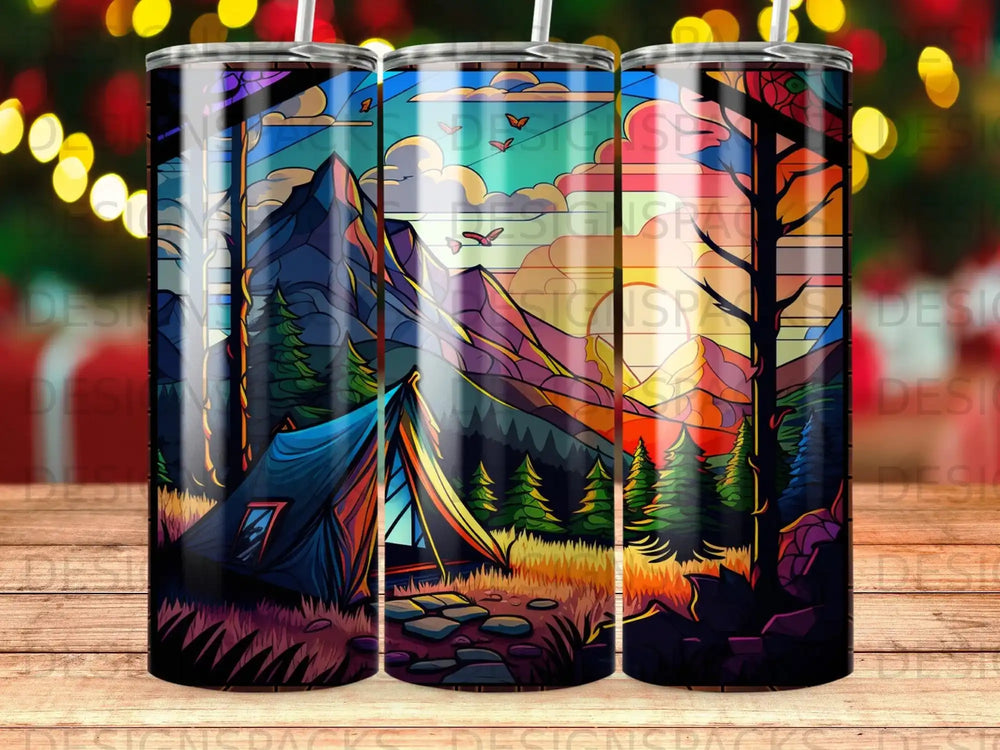 Tent with mountain backdrop, stylized landscape with vibrant sunset colors.
