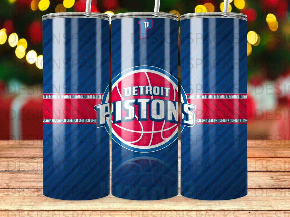 Detroit Pistons logo on a blue tumbler with repeating text.