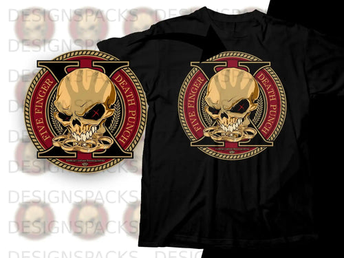 Black t-shirt with Five Finger Death Punch skull logo and Latin text.