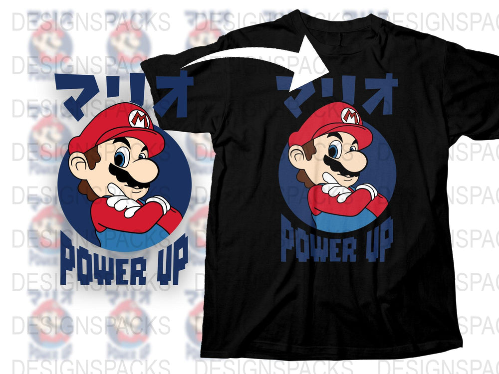 Super Mario Power Up T-Shirt, Video Game Inspired Graphic Tee, Retro Nintendo Gamer Gift, Black Shirt with Mario Print