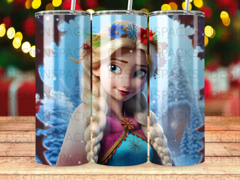 Elsa from Frozen with braided blonde hair, wearing a blue and purple dress, surrounded by snowflakes.