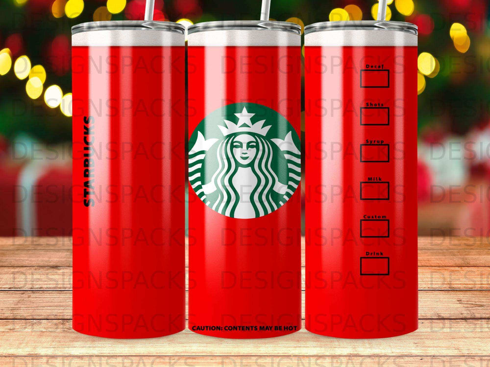 Red tumbler with Starbucks logo, drink customization labels.