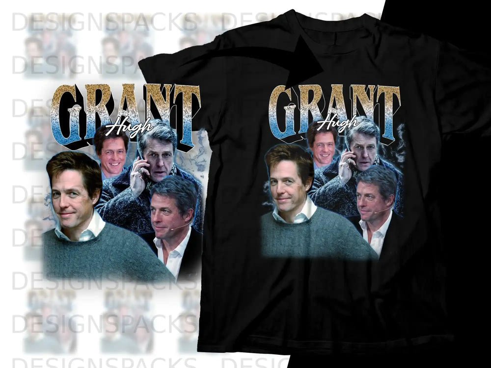 Black t-shirt with collage of Hugh Grant images and "GRANT HUGH" text.
