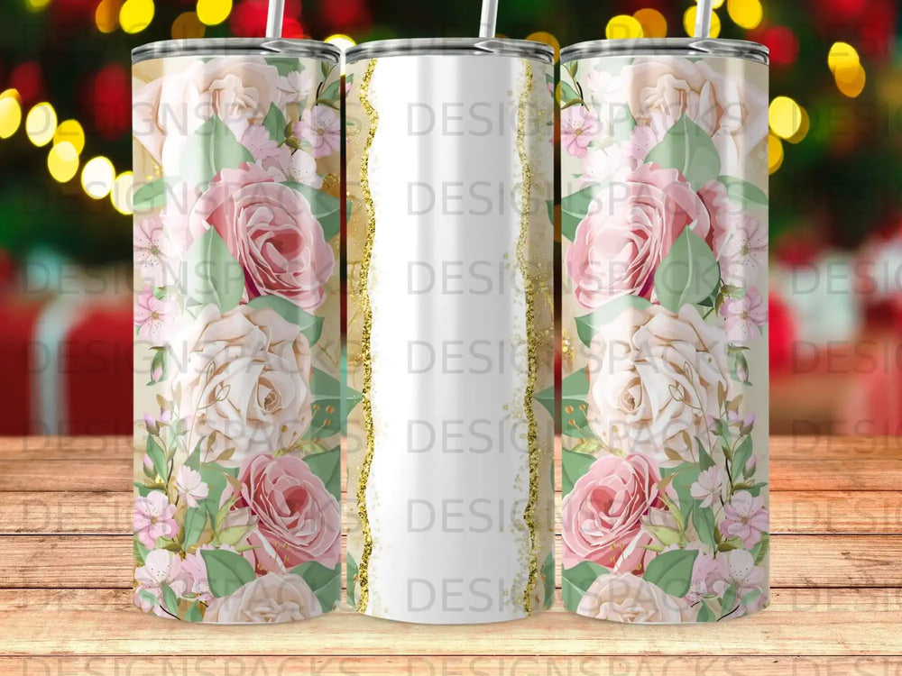 Floral pattern tumbler with gold glitter accents and a straw.