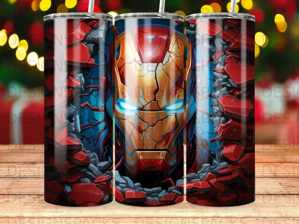 Iron Man's helmet emerging from shattered red and blue debris.