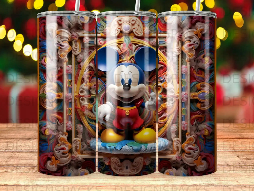 Mickey Mouse character in ornate frame with colorful swirling patterns.