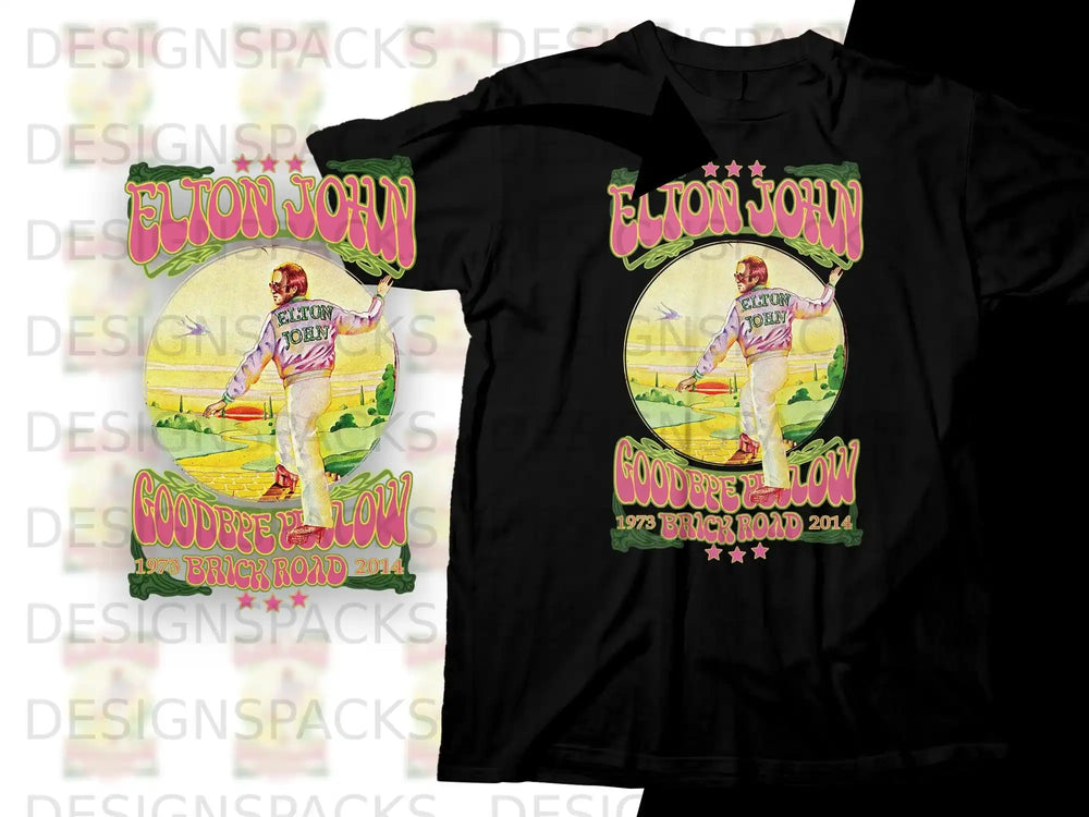 Elton John "Goodbye Yellow Brick Road" 1973-2014 black t-shirt graphic.