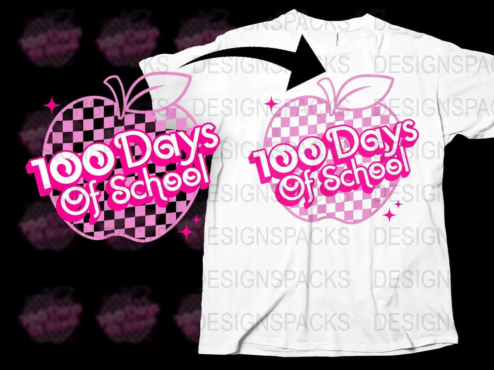Kids 100 Days of School T-Shirt, Pink and Black Checkered Apple Design, Unisex Children's Tee