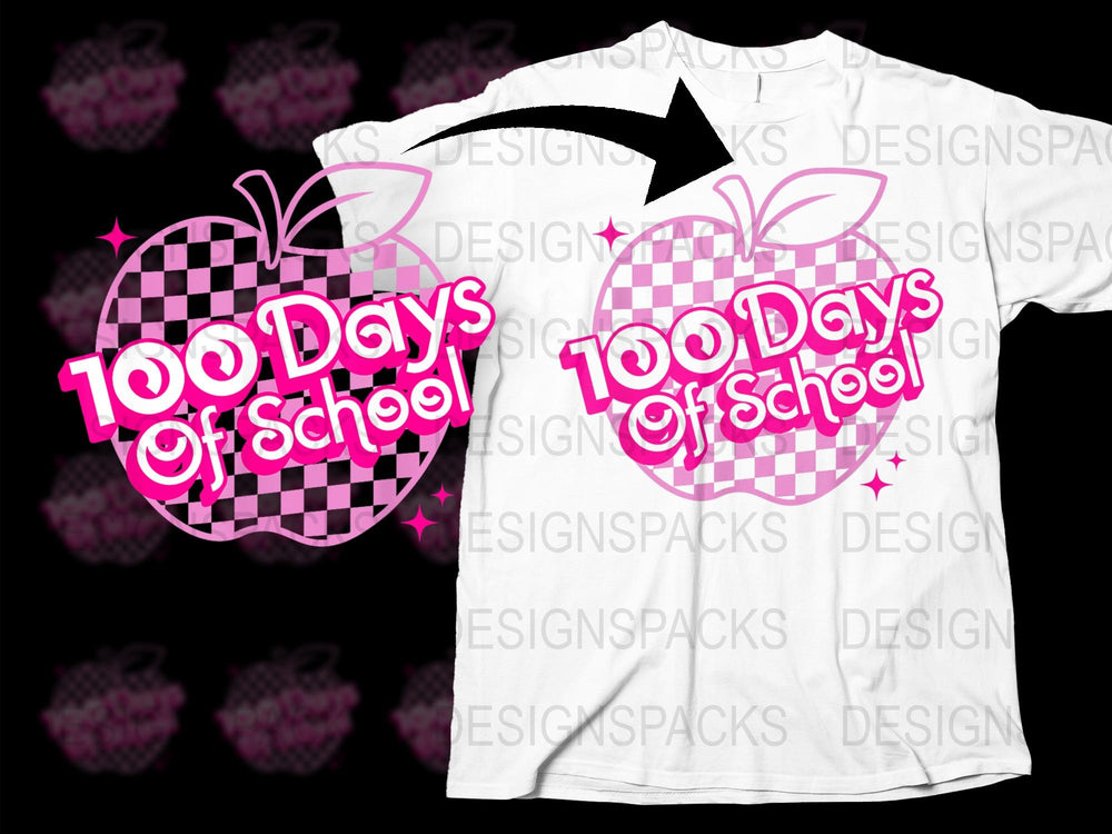 Kids 100 Days of School T-Shirt, Pink and Black Checkered Apple Design, Unisex Children's Tee