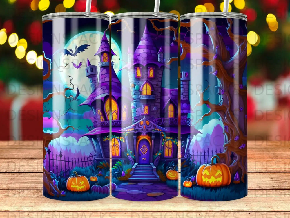 Spooky haunted house with pumpkins and bats for Halloween.