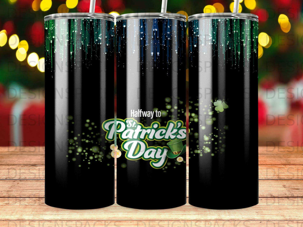 Green and gold St. Patrick's Day tumbler with "Halfway to St. Patrick's Day" text.