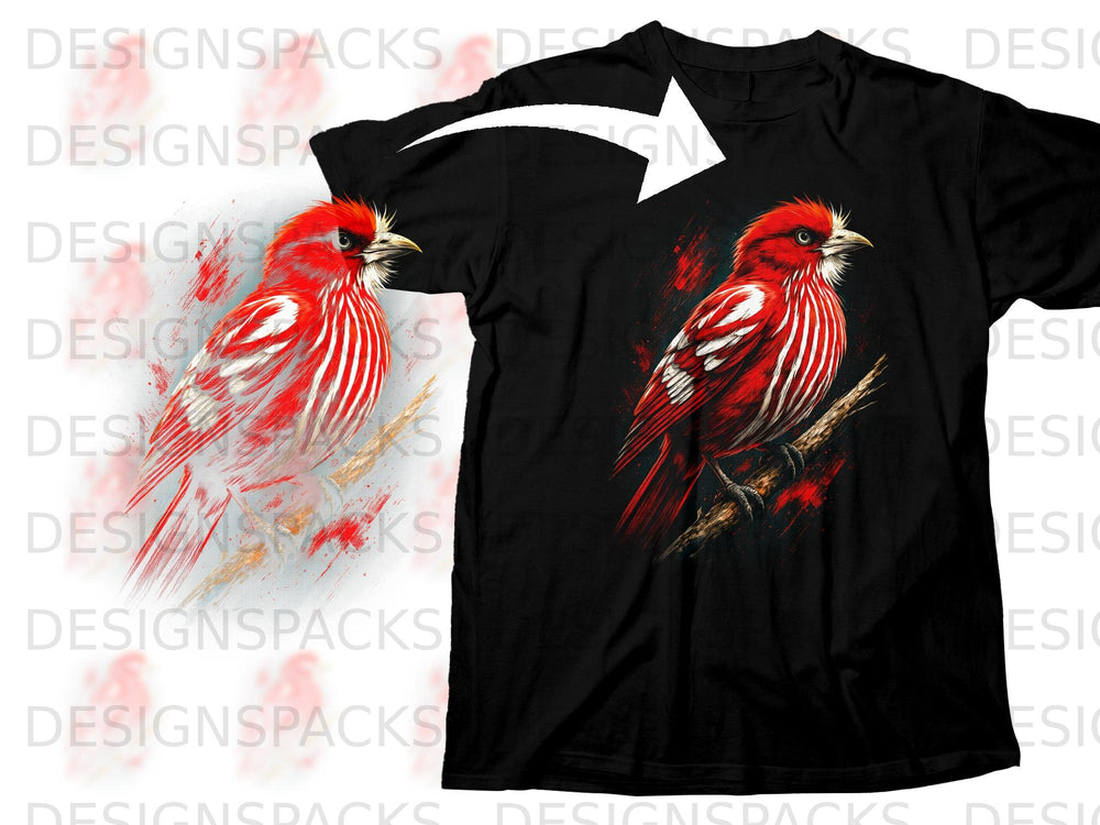 Black t-shirt with graphic of a red bird with white stripes on a branch.