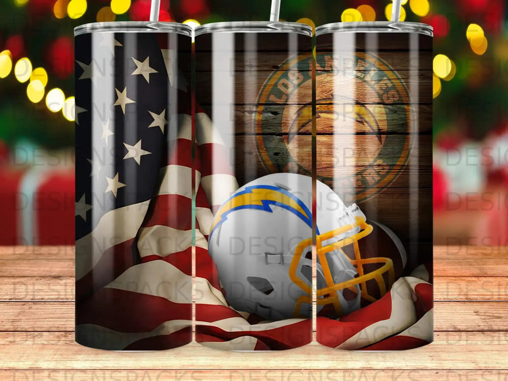 Los Angeles Chargers helmet and football on US flag background.