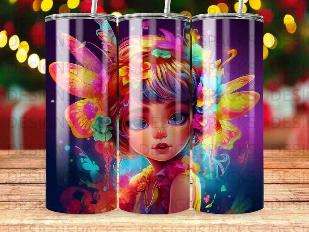 Colorful tumbler featuring a whimsical fairy with vibrant wings and floral details.