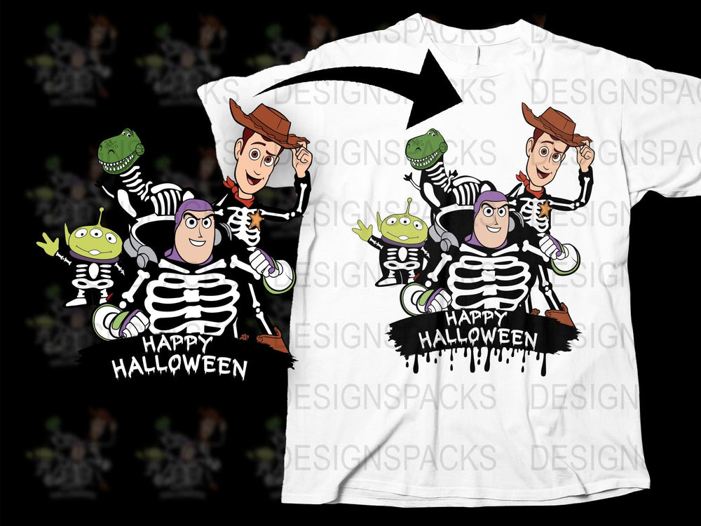 Happy Halloween Family T-Shirt Set, Funny Skeleton and Alien Costume, Matching Group Party Outfit, Spooky Season Apparel