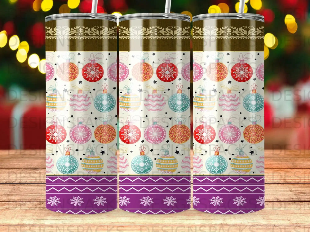 Three tumblers with Christmas ornament pattern and purple snowflake border.