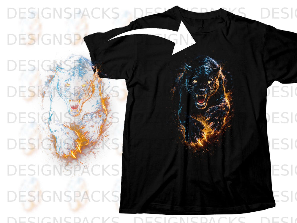Black t-shirt with a roaring black panther graphic with fiery accents.