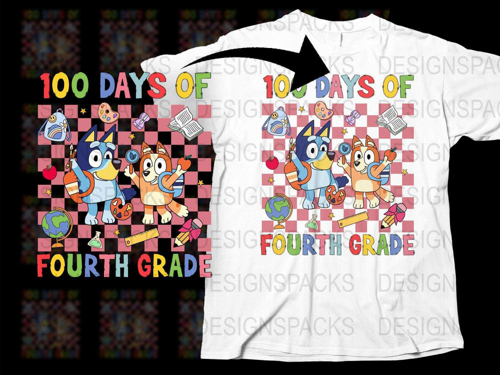 Kids 100 Days of School T-Shirt, Fourth Grade Celebration, Colorful Cartoon Design, Unisex Children's Tee