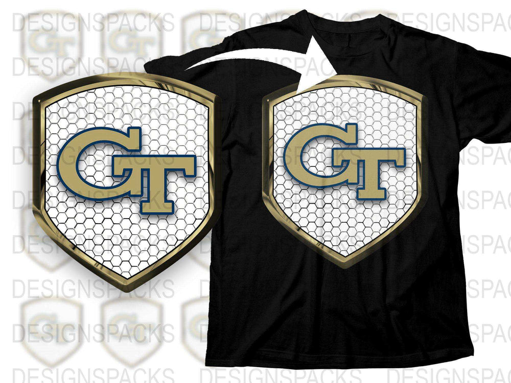 GT Logo Honeycomb Design Black T-Shirt, Collegiate Sports Style Graphic Tee, Casual Wear for Game Day