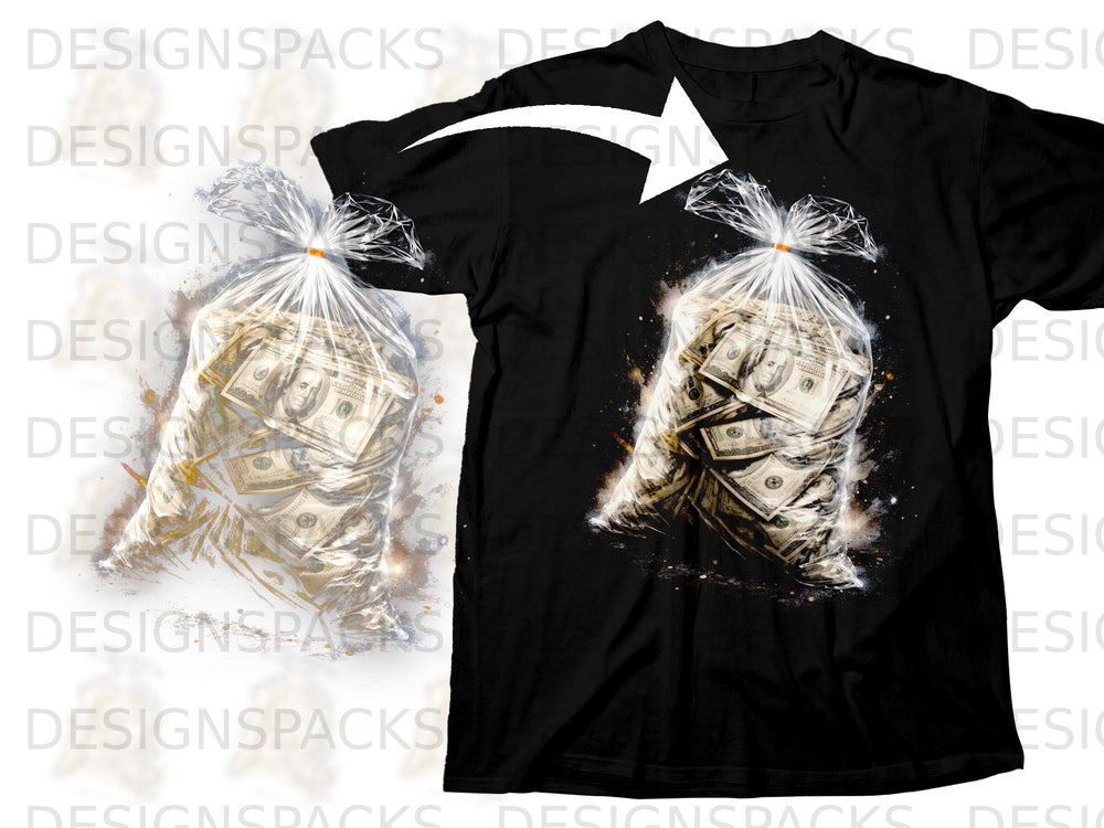 Black t-shirt with a graphic of a transparent bag filled with US dollar bills.