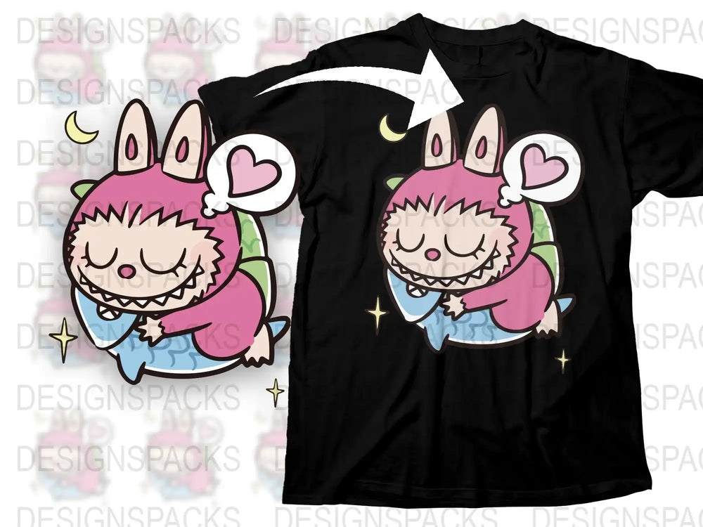 Cute Cartoon Rabbit Monster T-Shirt, Funny Unisex Graphic Tee, Black Cotton Shirt with Pink Rabbit Design