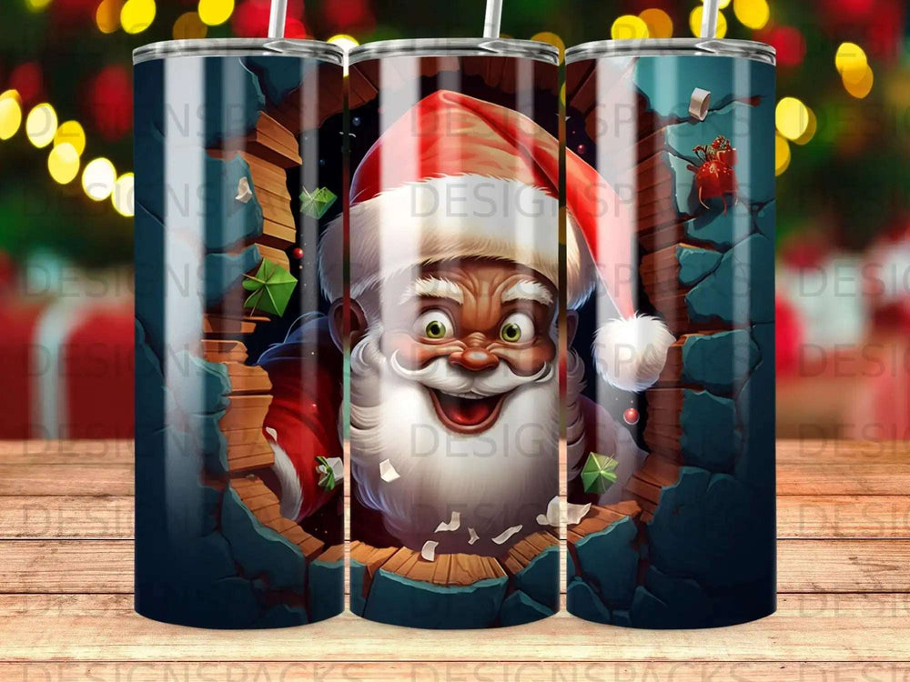 Santa Claus face breaks through a dark, cracked wall with gift boxes.