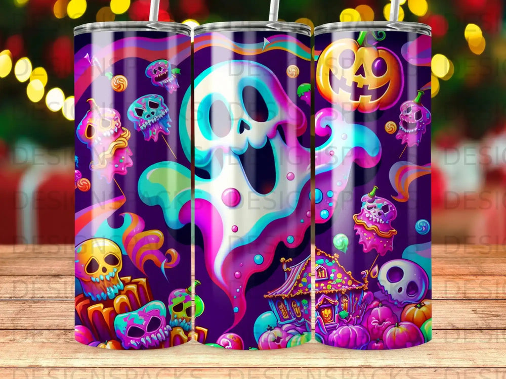Purple tumbler with ghosts, pumpkins, and spooky houses Halloween design.