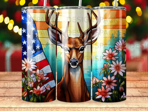 Deer with American flag background and floral border on tumbler.