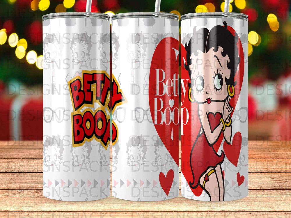 Betty Boop character on a tumbler with red hearts and text.