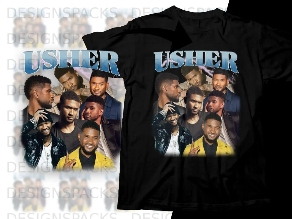 Black t-shirt featuring collage of Usher photos with "Usher" text.