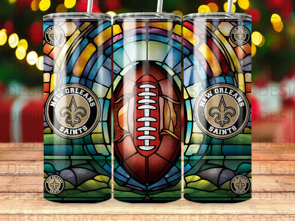 New Orleans Saints football and stained glass tumbler design.