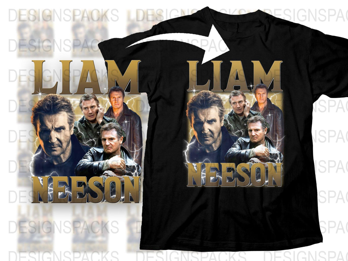 Liam Neeson Graphic T-Shirt, Movie Star Collage Tee, Action Film Apparel, Unisex Cotton Shirt, Gift for Fans