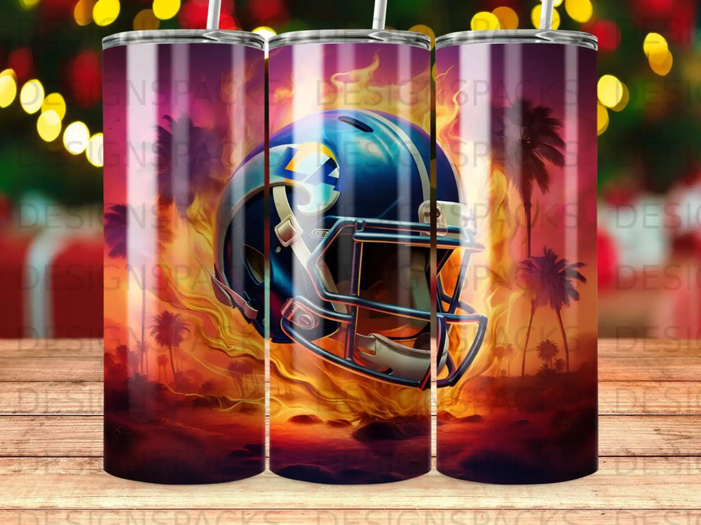 Los Angeles Rams helmet on a fiery background with palm trees.