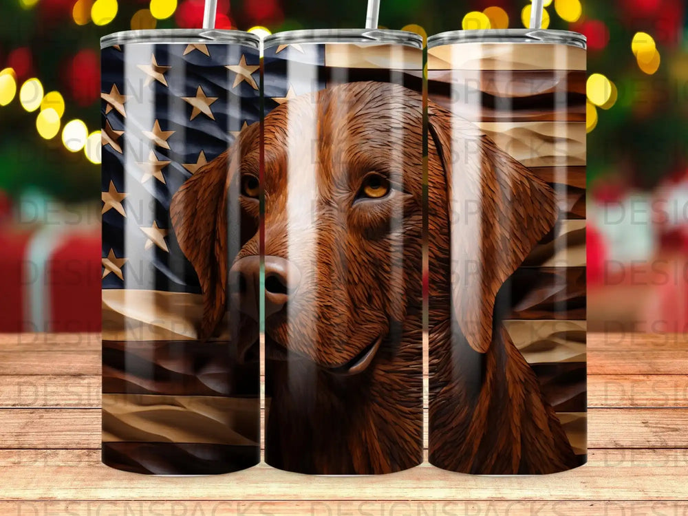 Labrador retriever portrait on USA flag tumbler.