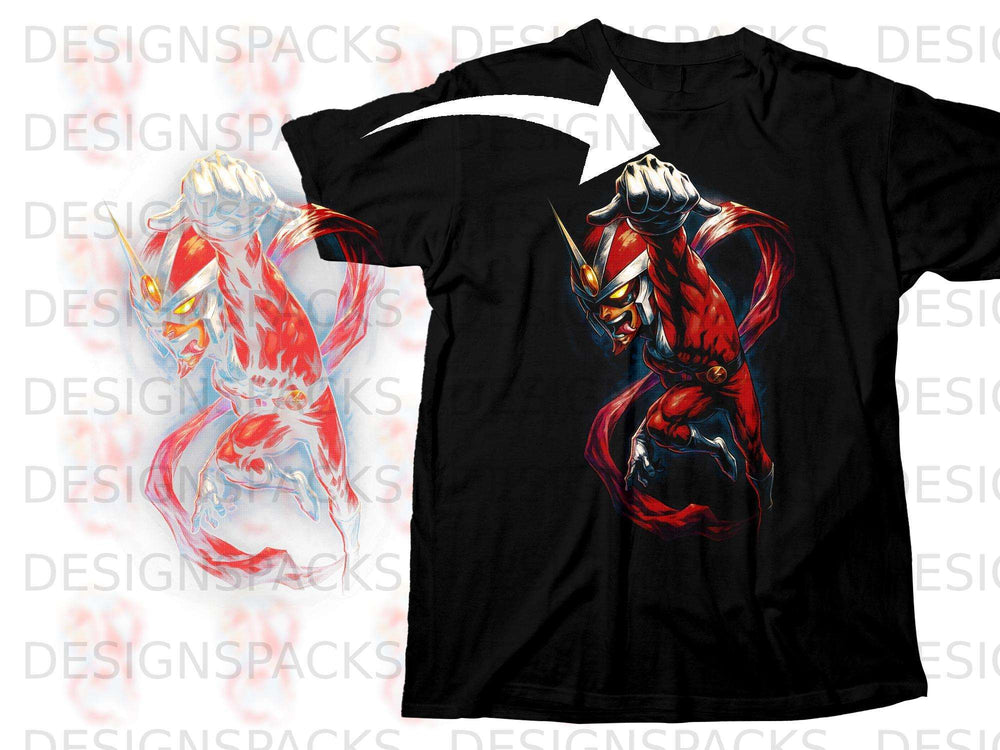 Black t-shirt with a red and white anime-style character graphic.