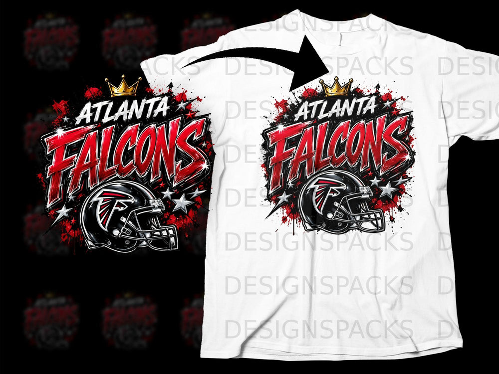 Atlanta Falcons helmet with crown and stars graphic on a white t-shirt.