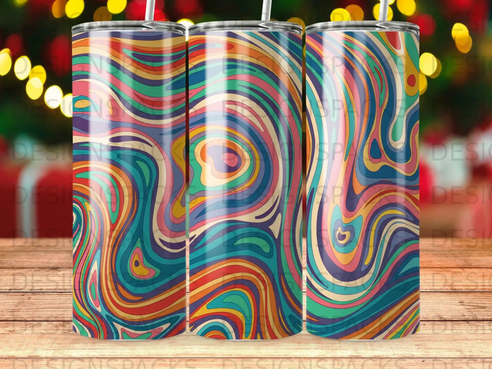 Three tumblers with a colorful, wavy, psychedelic pattern.