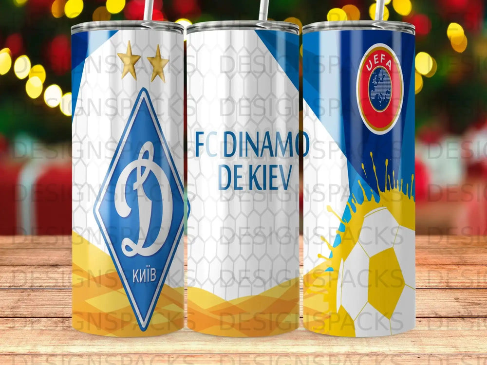 FC Dynamo Kyiv logo with UEFA Champions League badge on three tumblers.