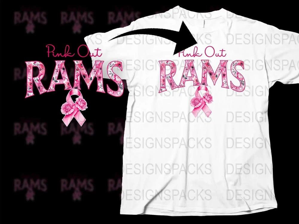 Pink Out Rams T-Shirt, Breast Cancer Awareness Ribbon, Sports Support Tee, White Graphic Shirt for Events