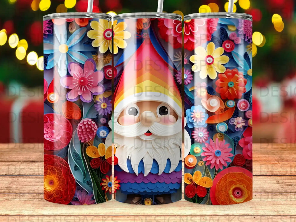 Gnome with colorful floral pattern on tumbler.