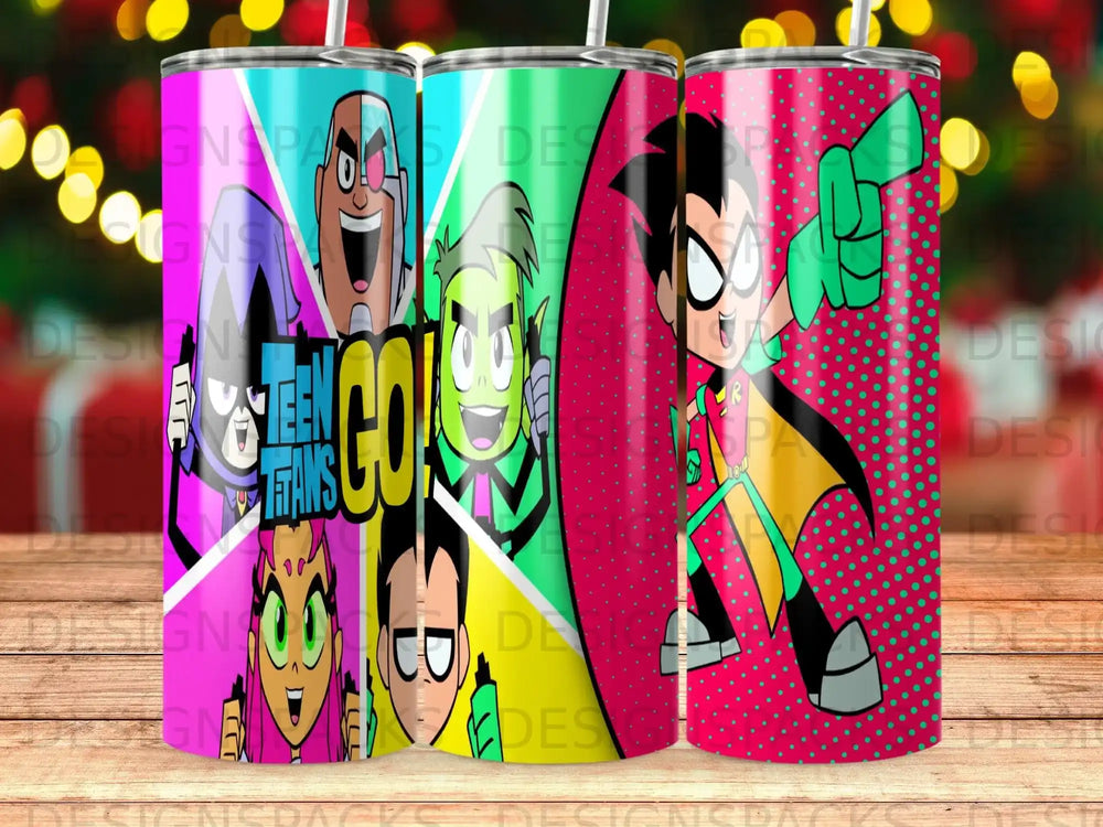 Teen Titans Go! characters on a colorful patterned tumbler.