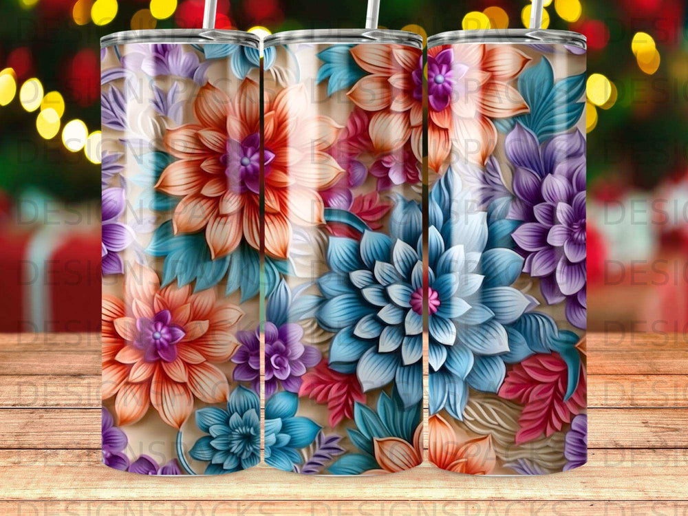 Floral tumbler with vibrant orange, blue, and purple flowers.