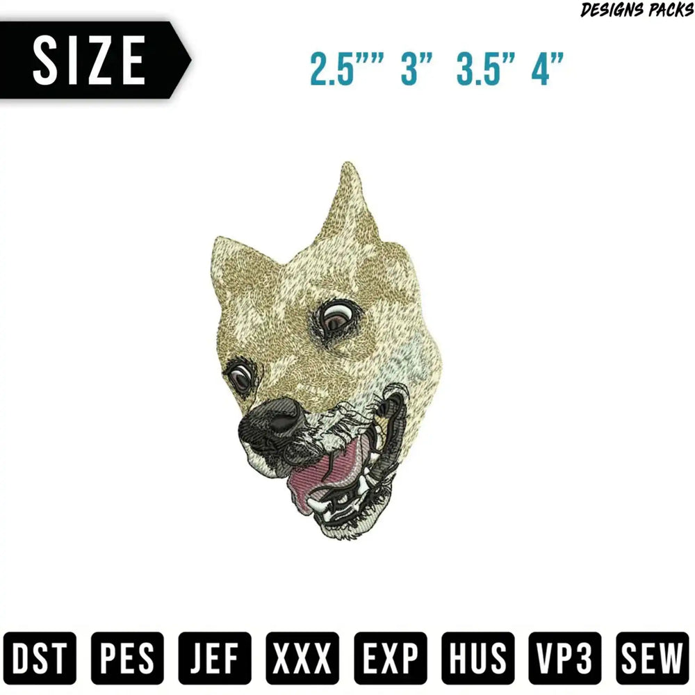 Embroidery design of a snarling dog head with size options.