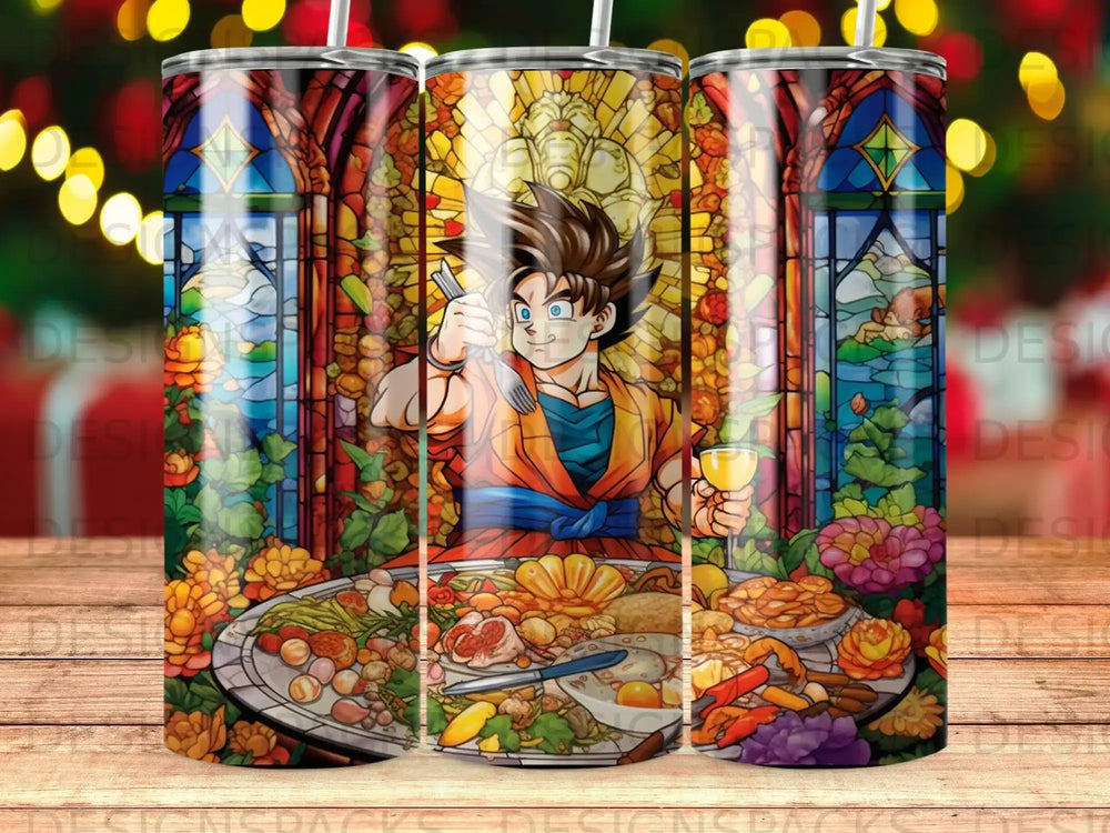 Dragon Ball Z's Goku eating a large meal in a stained-glass window setting.