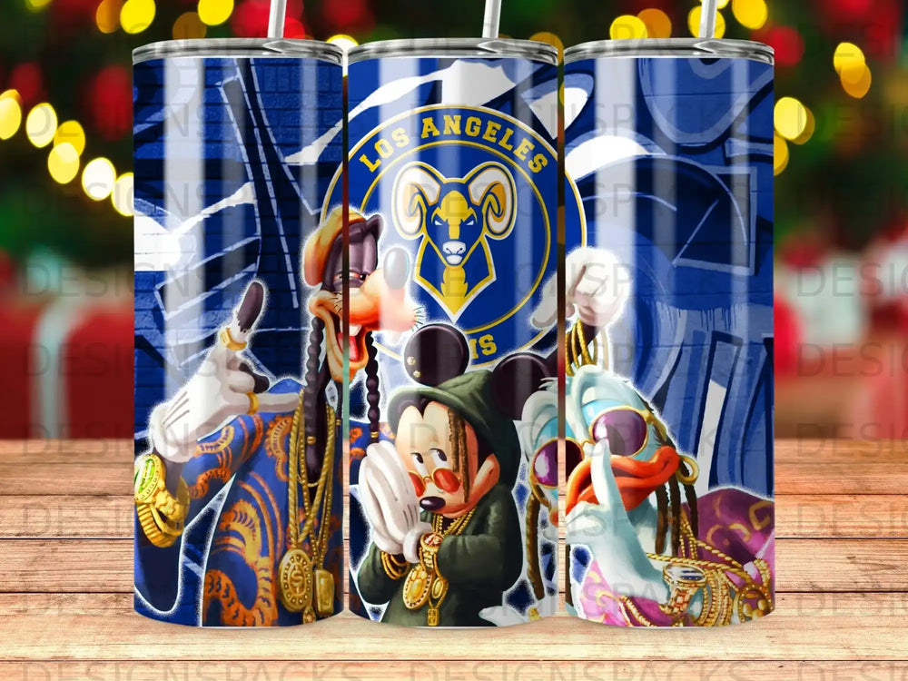 Mickey Mouse, Donald Duck, and Goofy in Rams gear with Los Angeles logo.