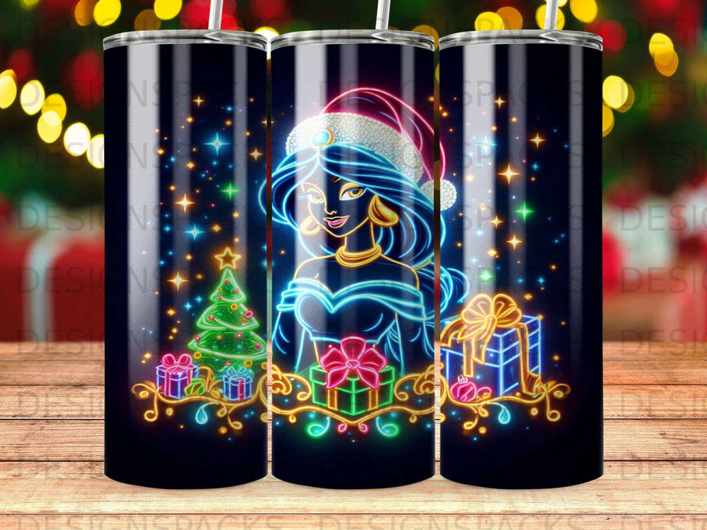 Jasmine in Santa hat with Christmas tree and presents, neon glow effect.