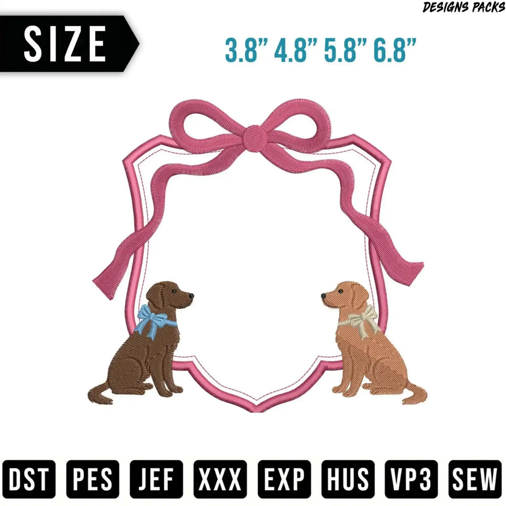 Embroidery design of a shield with two dogs and size options.