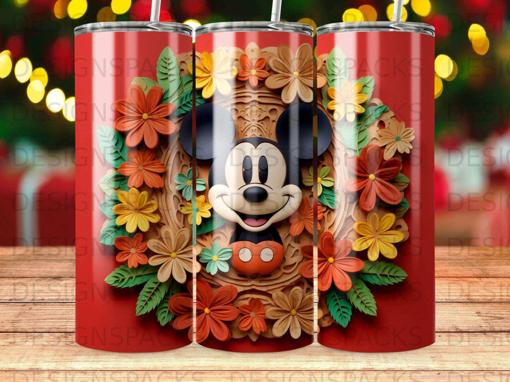 Mickey Mouse in floral wreath on red tumbler.