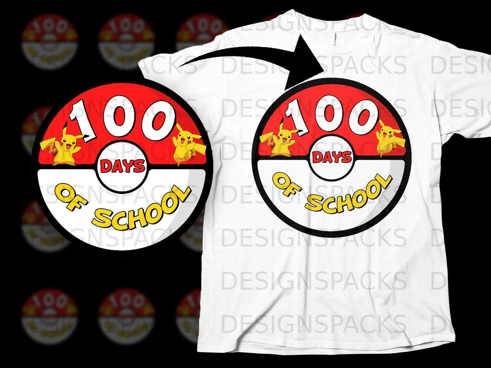 White t-shirt graphic with Pikachu and "100 Days of School" inside a Pokeball.